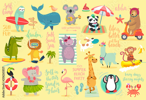 Beach Animals hand drawn style, Summer set - calligraphy and other elements.