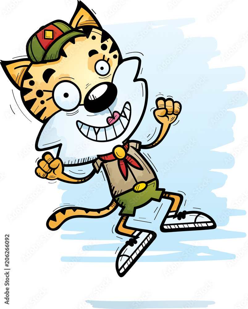 Cartoon Female Bobcat Scout Jumping