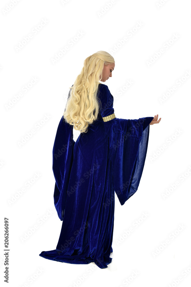 full length portrait of pretty blonde lady wearing  a blue fantasy medieval gown. standing pose on white background.