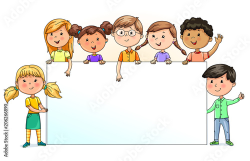 Funny kids holding blank banner for your text