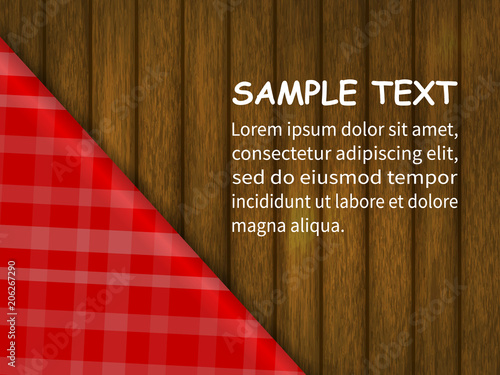 Template for your design. red checkered tablecloth on a wooden table, an example of the text. realistic style. vector illustration.