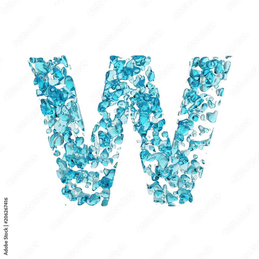 Alphabet letter W uppercase. Liquid font made of blue water drops. 3D render isolated on white background.