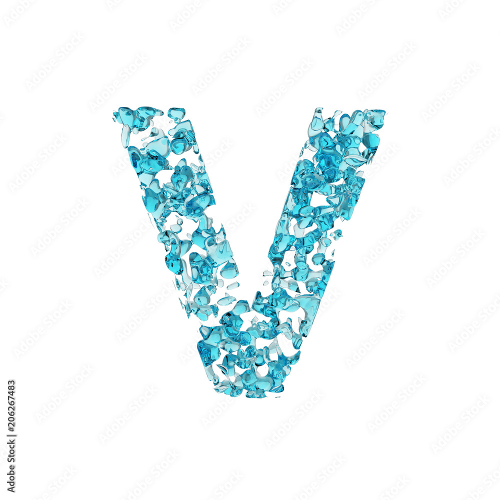 Alphabet letter V uppercase. Liquid font made of blue water drops. 3D render isolated on white background. Alphabet letter V uppercase. Liquid font made of blue water drops. 3D render isolated on white background.