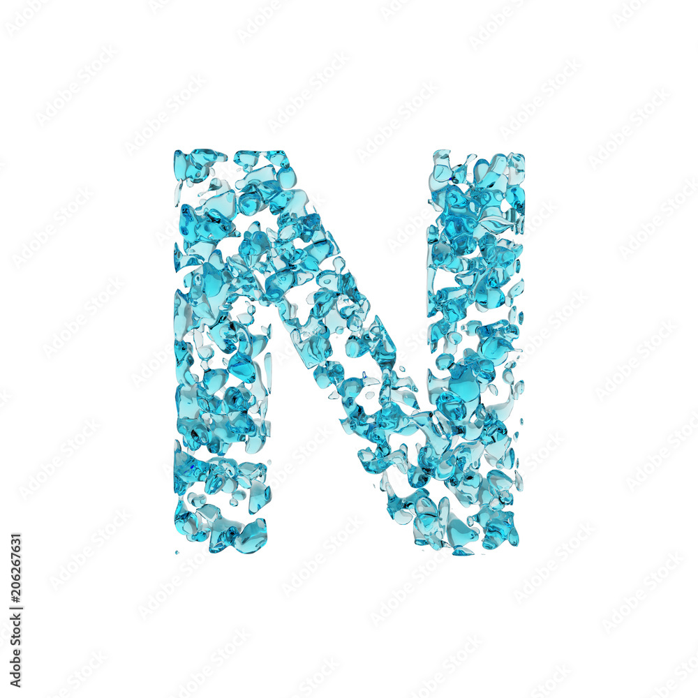 Alphabet letter N uppercase. Liquid font made of blue water drops. 3D render isolated on white background.