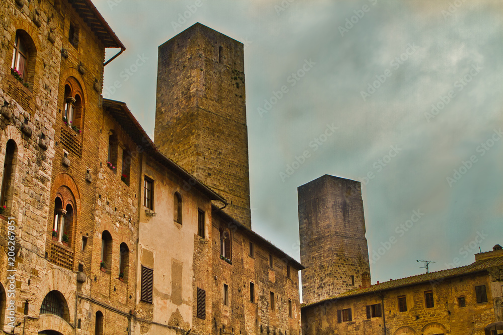 Tower of San Gimignano, Italy on a rainy day