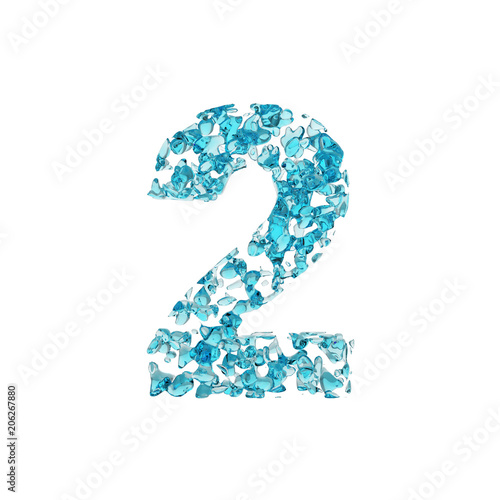 Alphabet number 2. Liquid font made of blue water drops. 3D render isolated on white background.