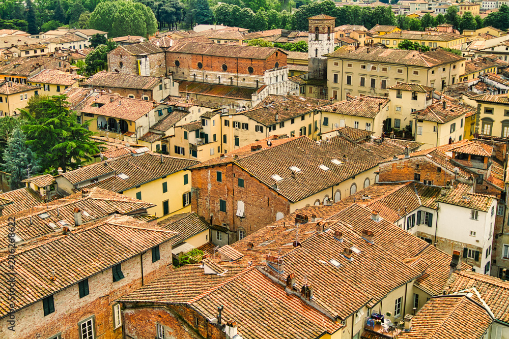 Looking down on the walled city of Lucca, Italy