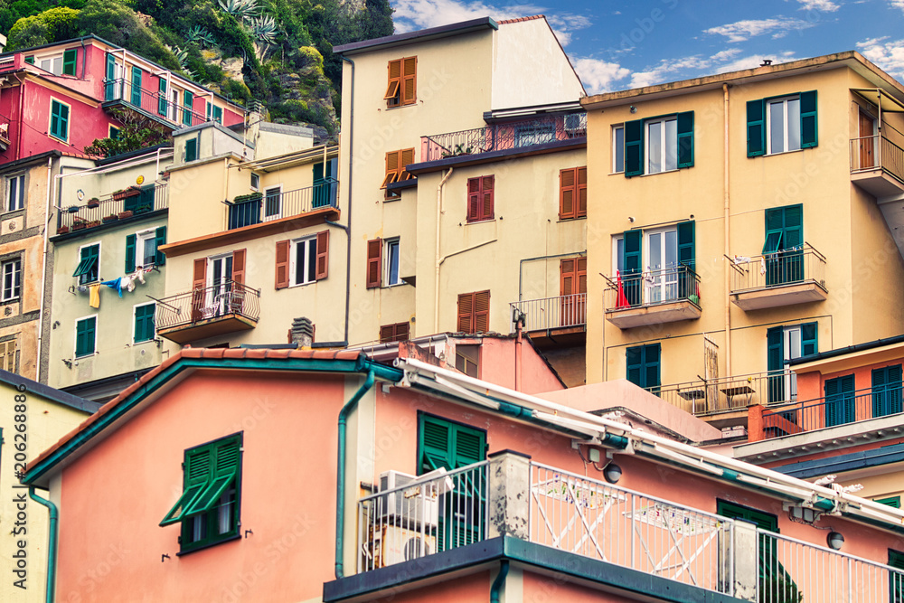 Fototapeta premium Homes in cliffside Cinque Terra village of Manarola (Italy).