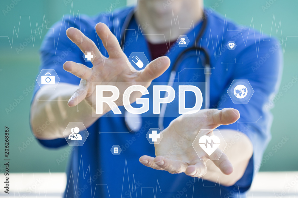 Doctor on blurred background using digital GDPR icon interface healthcare Doctor on blurred background using digital GDPR icon interface healthcare