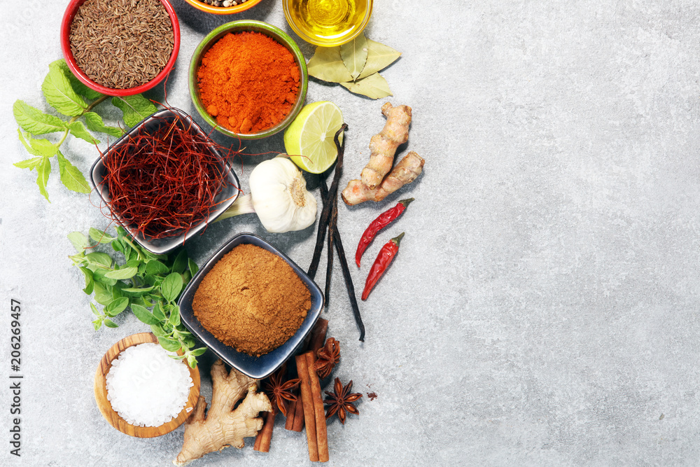 Spices and herbs on table. Food and cuisine ingredients. Spices and herbs on table. Food and cuisine ingredients.