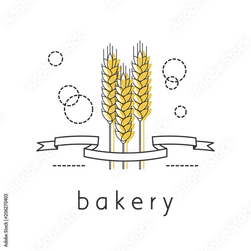 Linear icon with ribbon and wheat ears. A symbol of a bakery, flour, bread. Vector illustration.