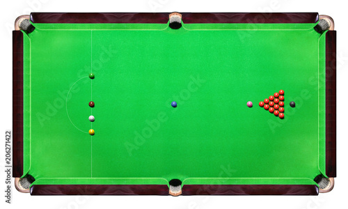 Snooker table with Multicolor snooker balls on green top view