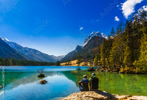 Panoramic view by lake Hintersee in the bavarian Alps
