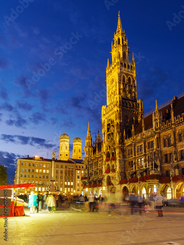 Night view of New Town Hall Marian column on Marienplatz in Munich, Bavaria