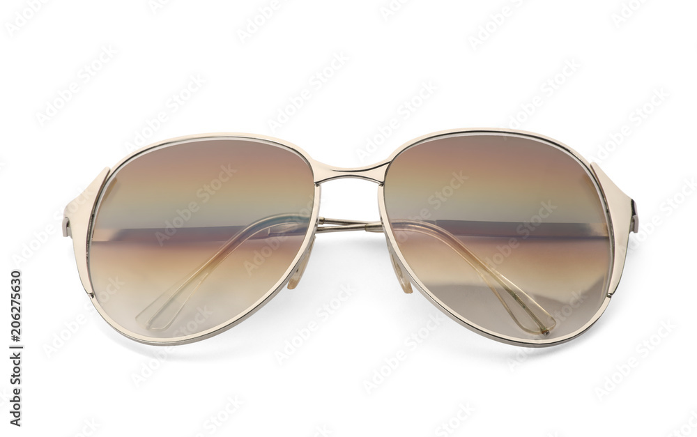 Beautiful sunglasses on white background. Beach object Beautiful sunglasses on white background. Beach object