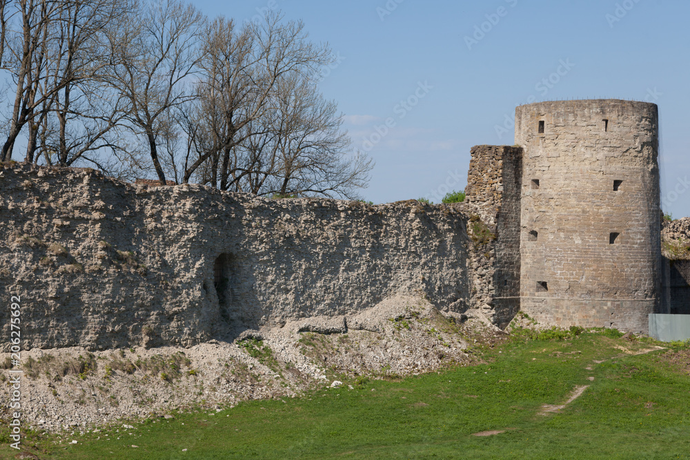 The wall and tower of the fortress Koporye in the Leningrad region, Russia. Stone fort built by 1297