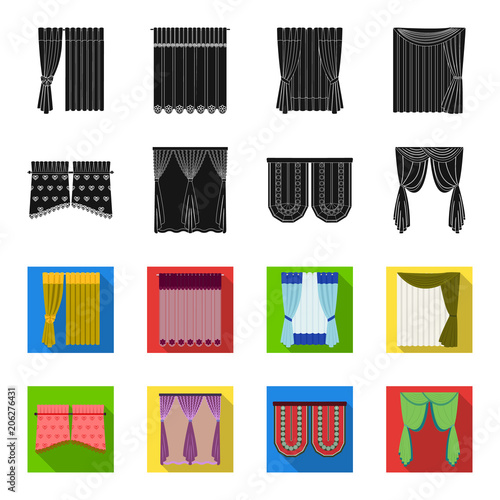Curtains, stick, cornices, and other web icon in black,flet style.Bow, fabric, tulle icons in set collection.