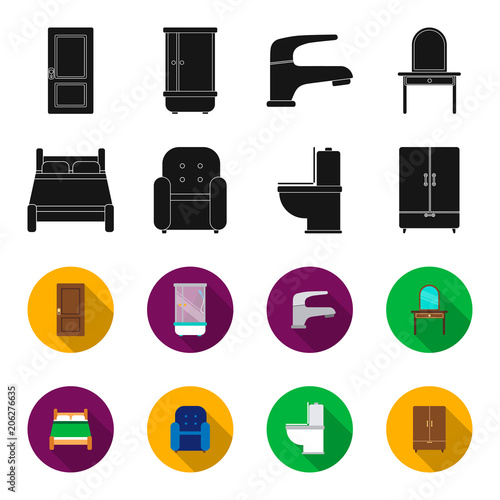 A bed, an armchair, a toilet, a wardrobe.FurnitureFurniture set collection icons in black,flet style vector symbol stock illustration web.