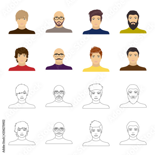 The appearance of the young guy, the face of a bald man with a mustache in his glasses. Face and appearance set collection icons in cartoon,outline style vector symbol stock illustration web.