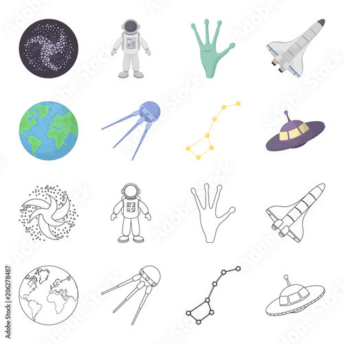 Planet Earth with continents and oceans, flying satellite, Ursa Major, UFO. Space set collection icons in cartoon,outline style vector symbol stock illustration web.