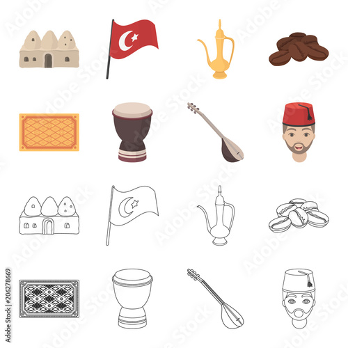 Turkish carpet, saz, drum, turkish men.Turkey set collection icons in cartoon,outline style vector symbol stock illustration web.