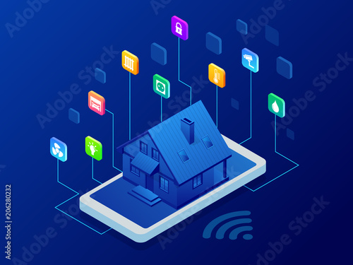 Isometric Smart home technology interface on smartphone app screen with augmented reality AR view of internet of things IOT connected objects in the apartment interior, person holding device