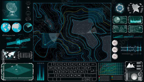 Command Center Screen in HUD style. Topographic Map, Contour. Futuristic Interface   Elements and Earth Landscape Scanning. Concept of a Conditional Geography Scheme in HUD Style. Vector Elements Set