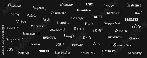 Multiple words written in white type on black background intending affirmations for postive lifestyle.