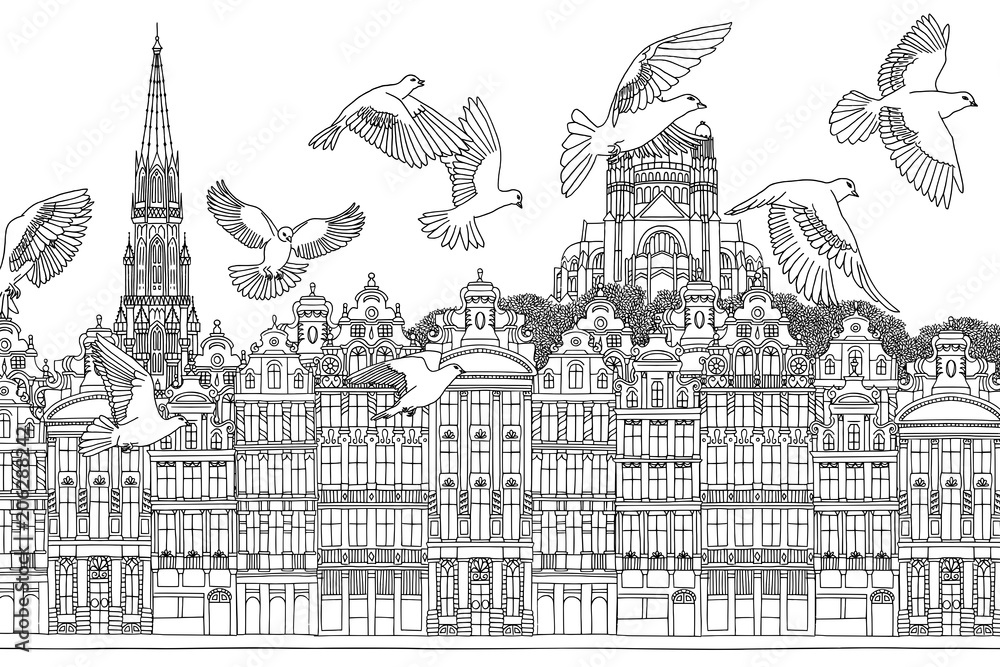 Naklejka premium Birds over Brussels - hand drawn black and white illustration of the city with a flock of pigeons