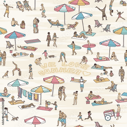 Hand drawn seamless pattern with tiny people at the beach, three of them writing the words "we love summer" into the sand