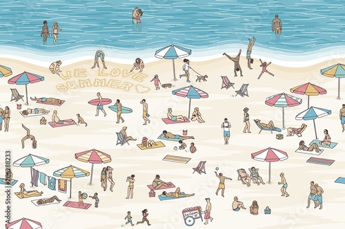Hand drawn banner with tiny people at the beach, three of them writing the words "we love summer" into the sand - seamless banner, can be tiled horizontally
