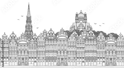 Brussels, Belgium - Seamless banner of the city’s skyline, hand drawn black and white illustration