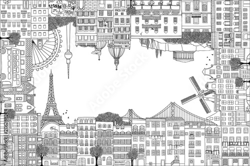 Photography Greeting card frame with hand drawn houses of Paris, Lisbon, Amsterdam, Athens,