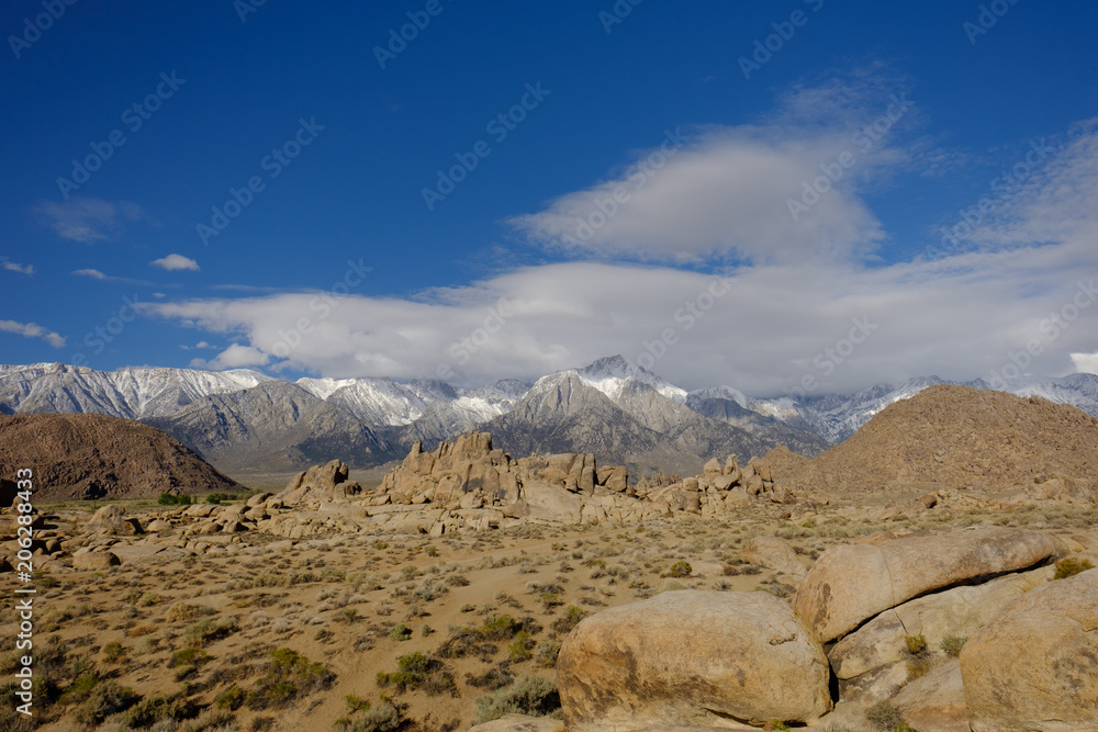 The Rugged and carved granite boulders of Alabama Hills outside of the Eastern Sierra Mountains and Mt Whitney Eastern California