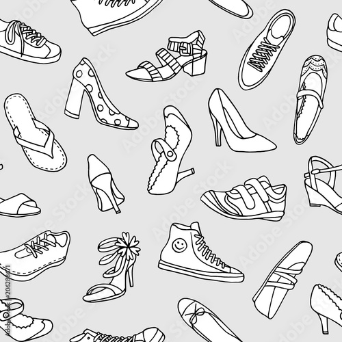 Seamless pattern with various hand drawn shoes