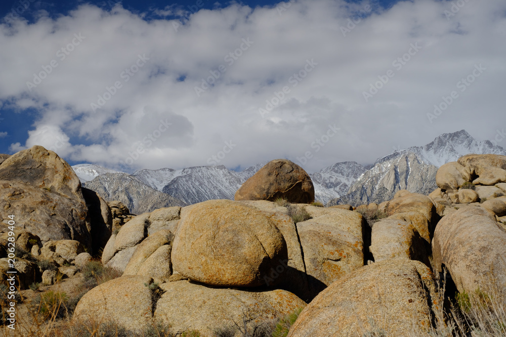 The round and Rugged boulders and carved granite rocks of Alabama Hills outside of the Eastern Sierra Mountains and Mt Whitney Eastern California