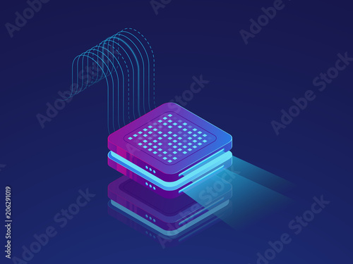Set of server room icons, data center and database, futuristic data prcessing, cloud storage