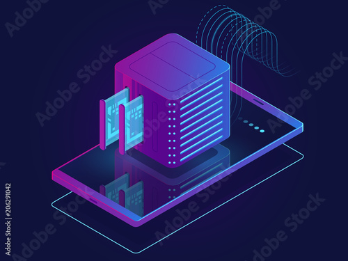 Set of server room icons, data center and database, futuristic data prcessing, cloud storage
