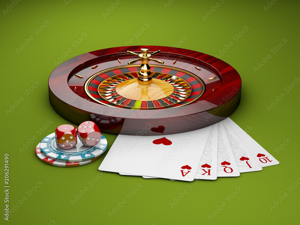 3d Illustration of casino roulette with dice, poker chips and play cards, green background 3d Illustration of casino roulette with dice, poker chips and play cards, green background