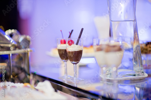 Glass shots pastry, wedding catering food, mini canapes food, tasty dessert, Beautiful decorate catering banquet table,  snacks and appetizers, wedding celebration