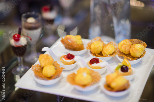 Glass shots pastry, wedding catering food, mini canapes food, tasty dessert, Beautiful decorate catering banquet table,  snacks and appetizers, wedding celebration