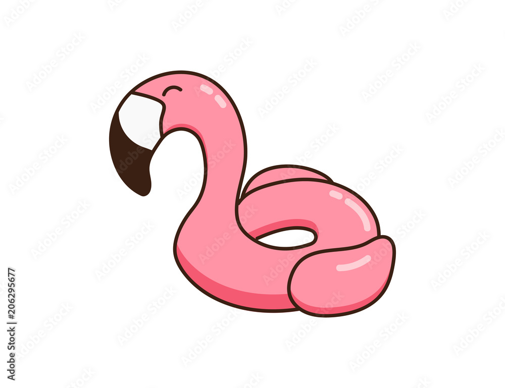 Naklejka premium Inflatable swimming pool ring object with flamingo shape. Tropical summer bird buoy for vacations and water activities in swimming pool. Rubber object isolated. Vector doodle hand drawn illustration