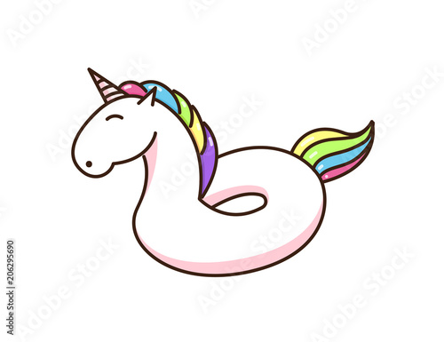 Inflatable swimming pool ring object with Unicorn shape. Tropical summer magical fairytale rainbow horse buoy for vacations and water activities in swimming pool.  Vector doodle icon