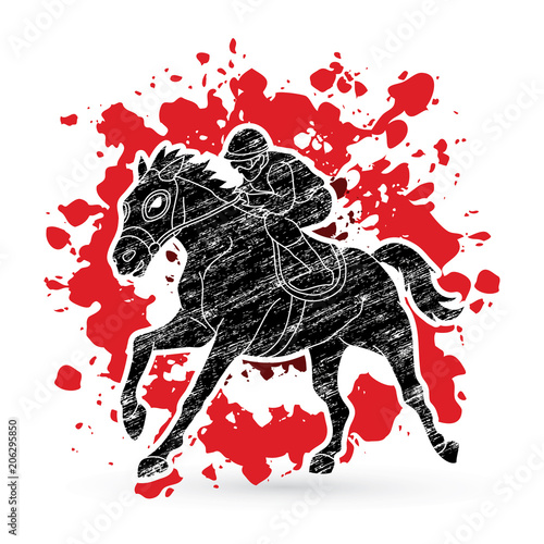 Horse racing ,Jockey riding horse, design on splatter blood background graphic vector.