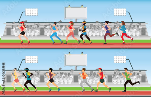 Marathon runner men and women on running race track with crowd in stadium grandstand.