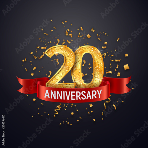 20 years anniversary logo template on dark background. Twenty celebrating golden numbers with red ribbon vector and confetti isolated design elements