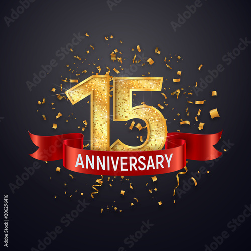 15 years anniversary logo template on dark background. Fifteenth celebrating golden numbers with red ribbon vector and confetti isolated design elements photo