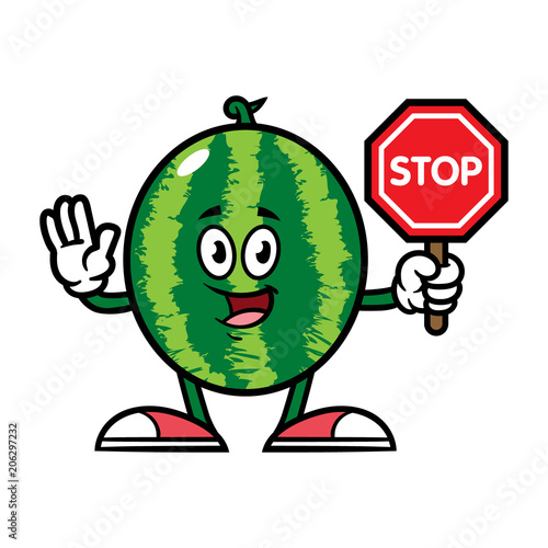 Cartoon Watermelon Character With Stop Sign