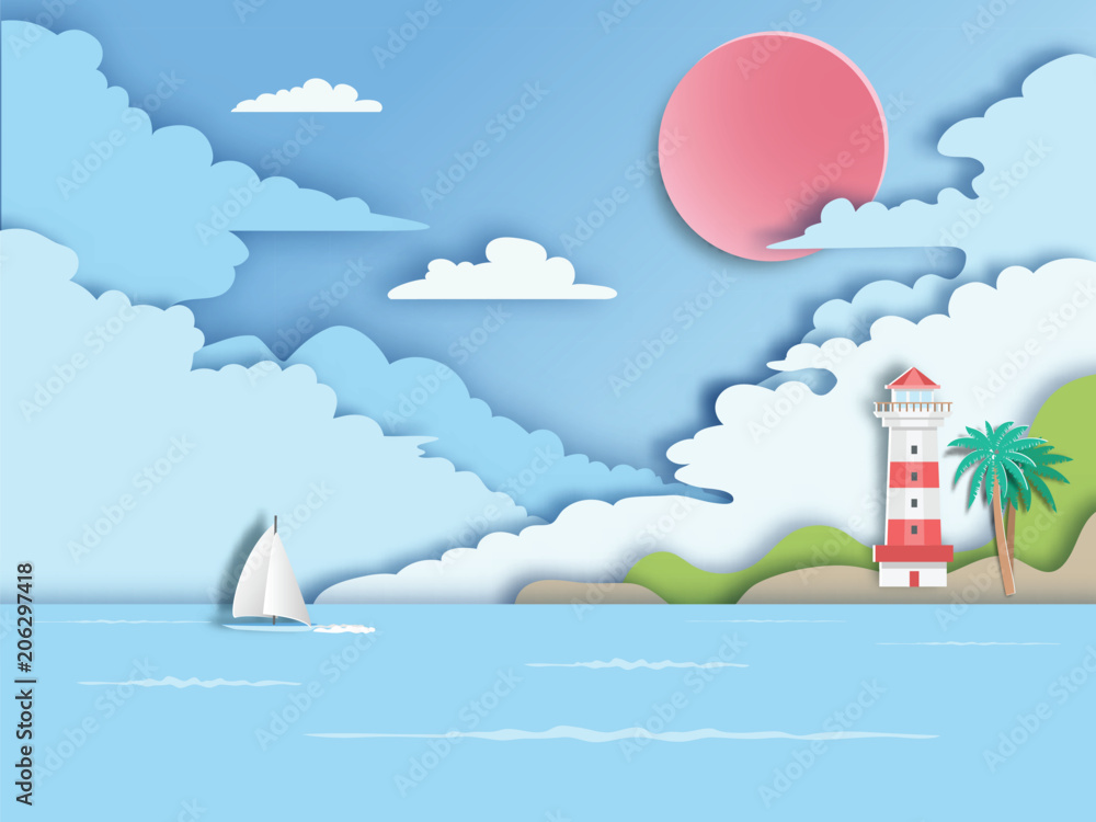 Sailboat floating on sea with lighthouse. paper art style.