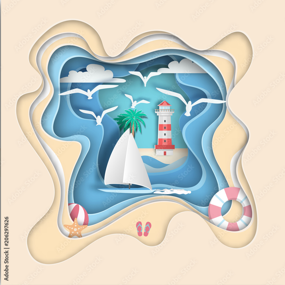 Fototapeta premium Paper art carving with Woman floating on the ocean with beautiful beach background .candy color vector style.